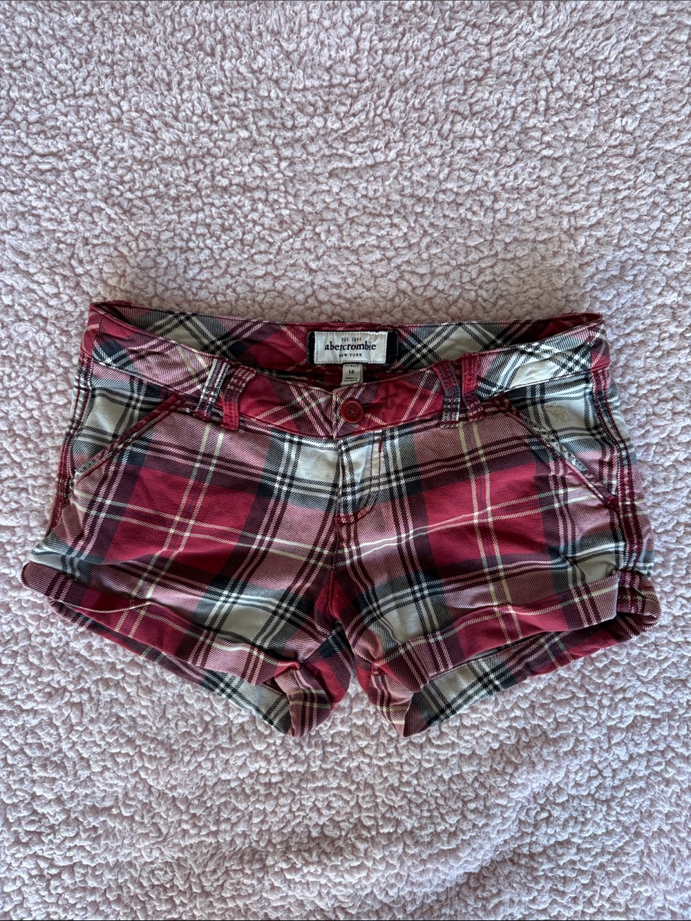 Vintage Abercrombie & Fitch Red Plaid Denim Cutoff Shorts Size 14 Stretch/kids